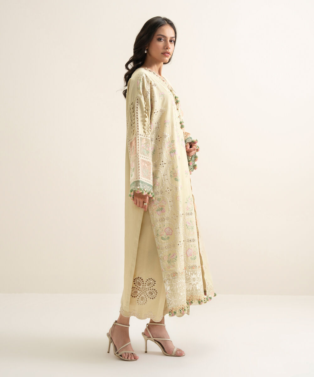 Women's Unstitched Slub Lawn Embroidered Beige 3 Piece Suit