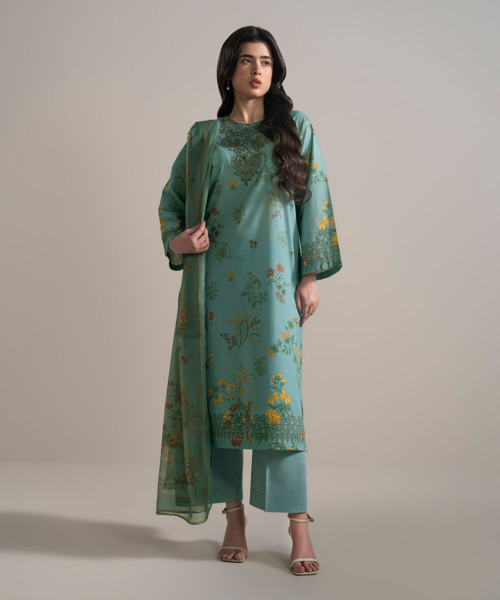 Women's RTW Slub Lawn Embroidered Blue 3 Piece Suit