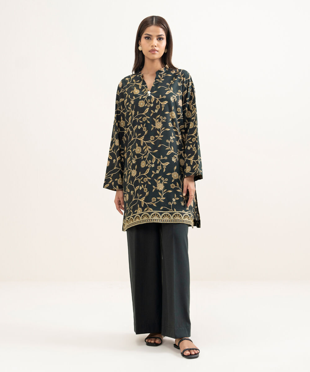 Women's RTW Cotton Viscose Embroidered Black Straight Shirt