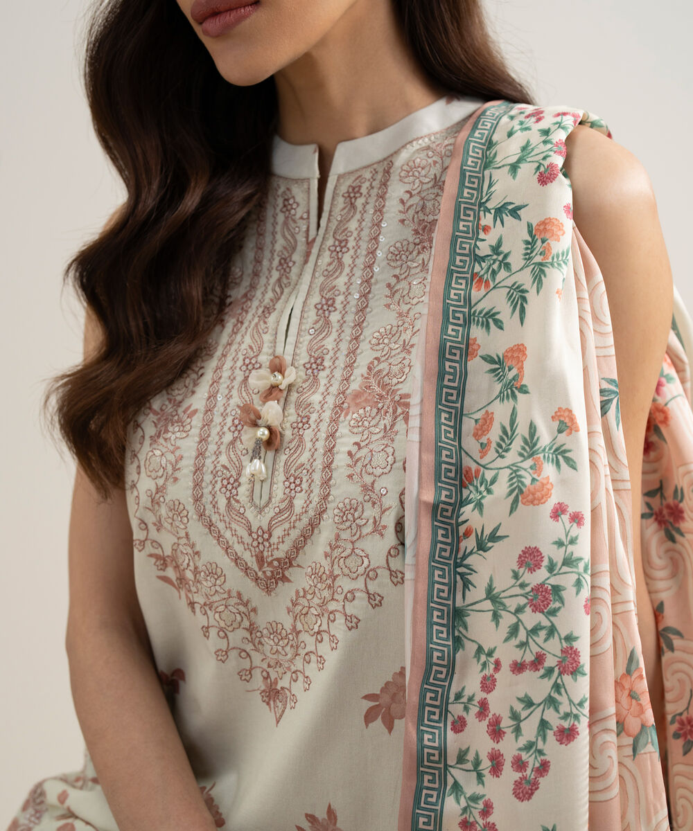 Women's Unstitched Lawn Embroidered Off White 3 Piece Suit