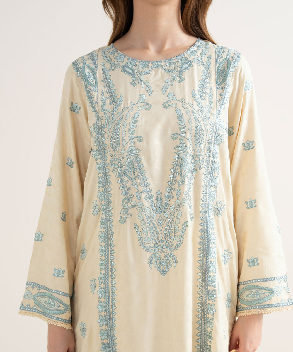 Women's RTW Textured Viscose Embroidered A-Line Off White Shirt