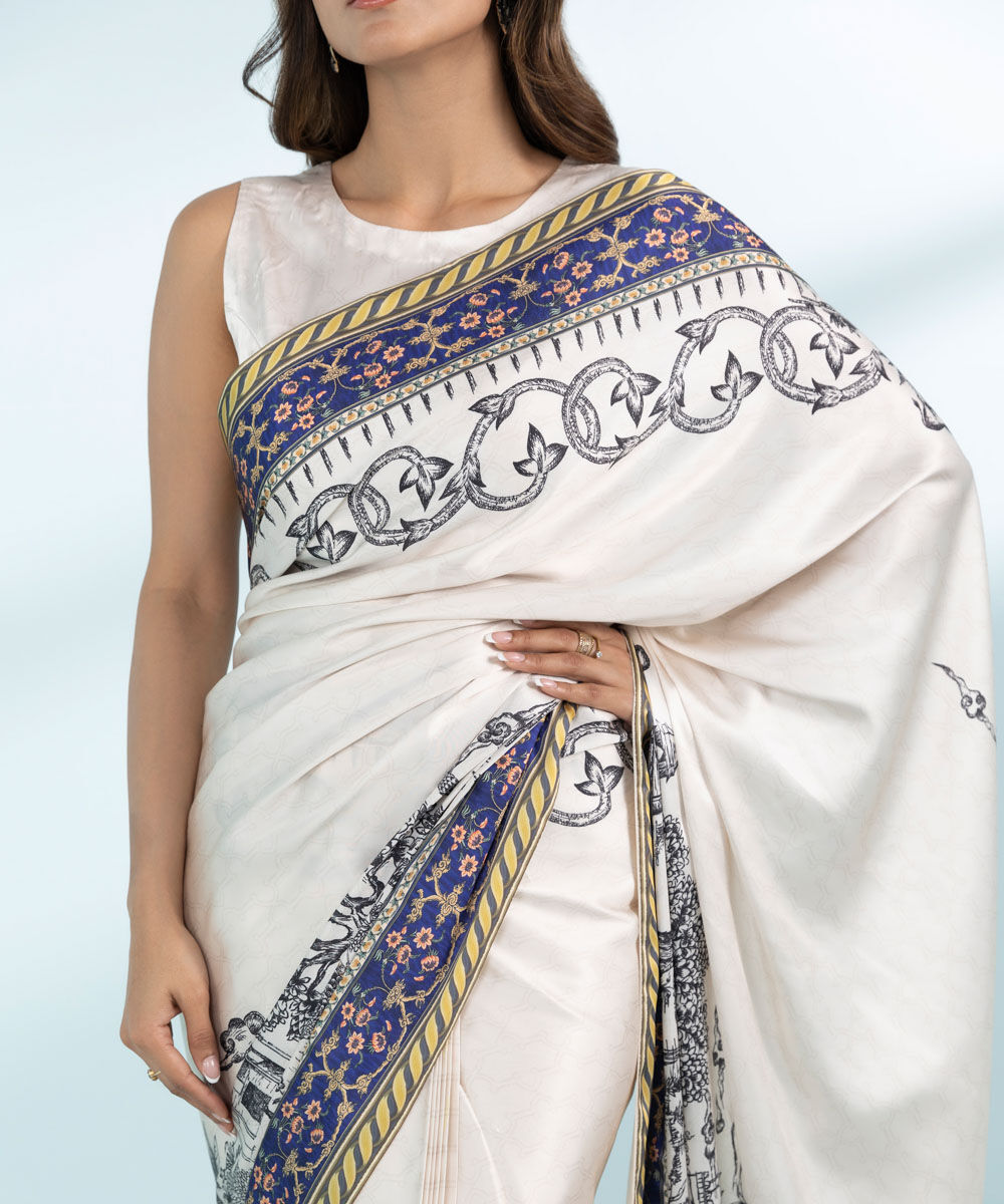 Women's Embroidered Blended Satin Off White Saree