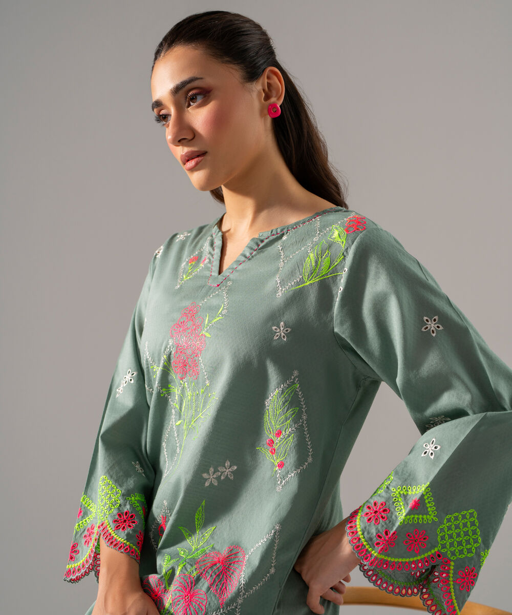 Women's RTW Dobby Solid Embroidered Blue 2 Piece Suit