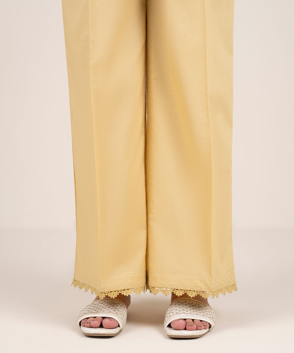 Women's RTW Textured Cotton Solid Off White Flared Pants