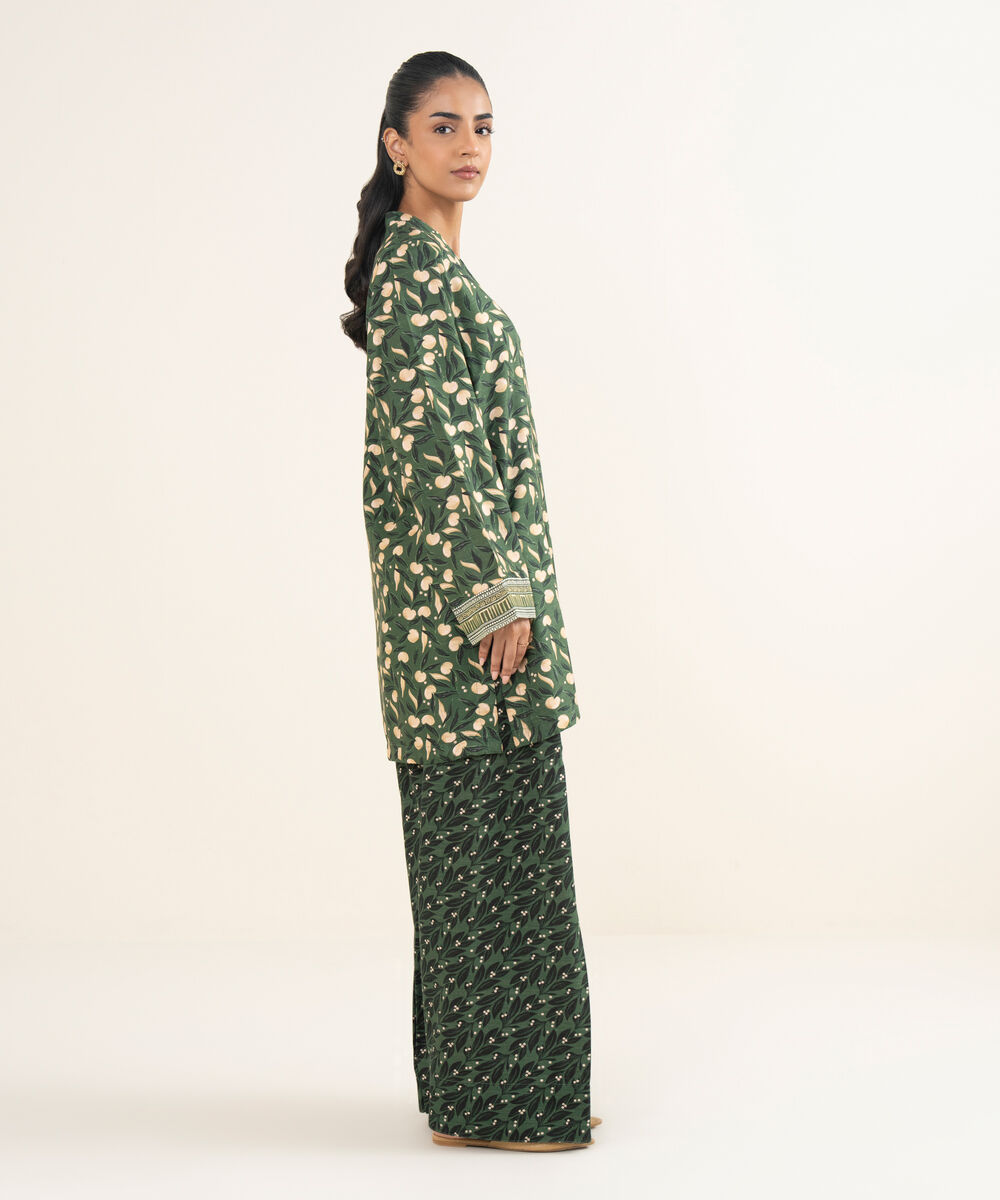 Women's RTW Herringbone Embroidered Green A-Line Shirt
