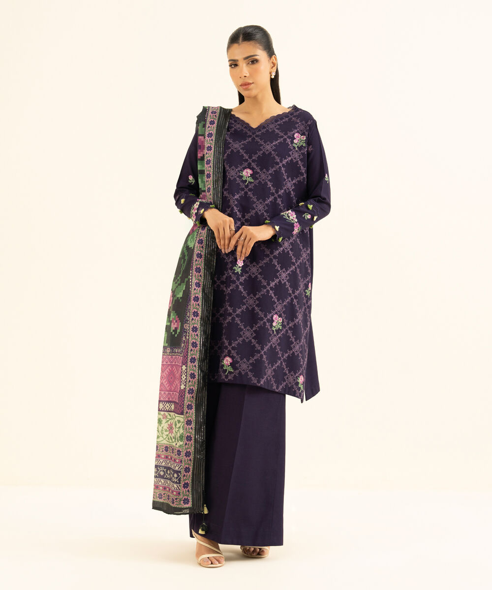 Women's Unstitched Viscose Raw Silk Embroidered Purple 3 Piece Suit