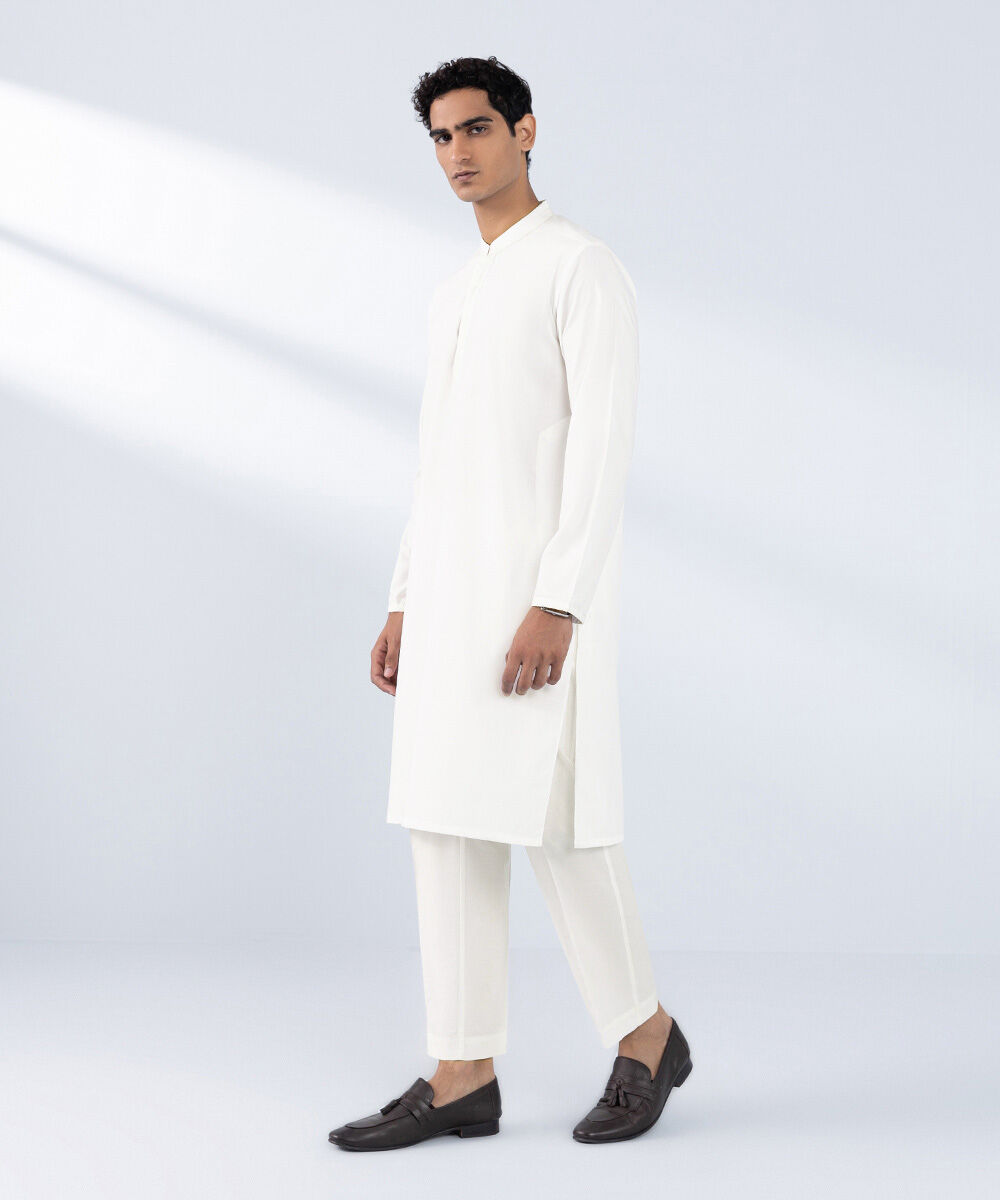 Men's Stitched Embroidered White Wash & Wear Kurta