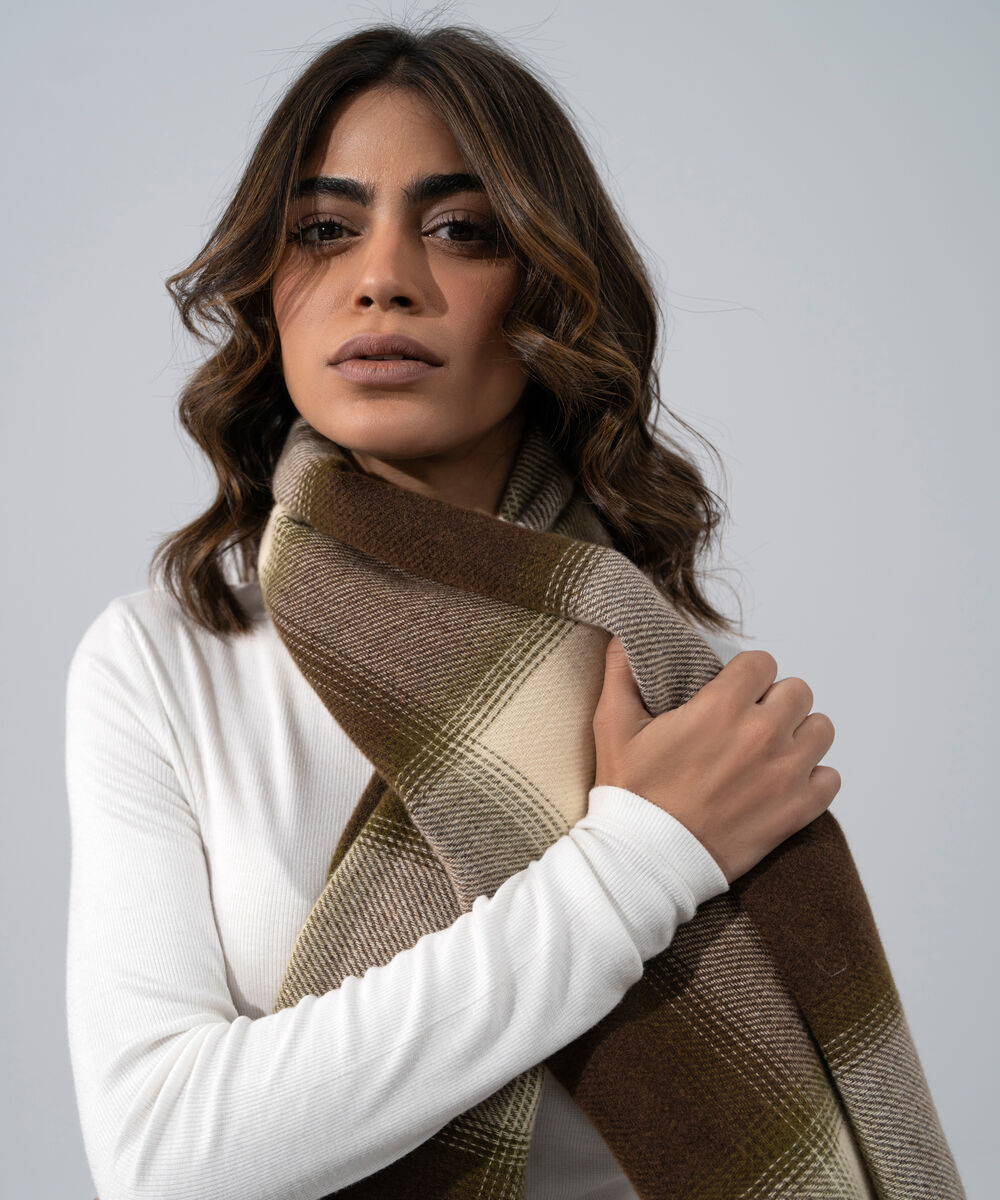 Women's Western Wear Brown And Off-White Polyester Striped Woolen Scarf