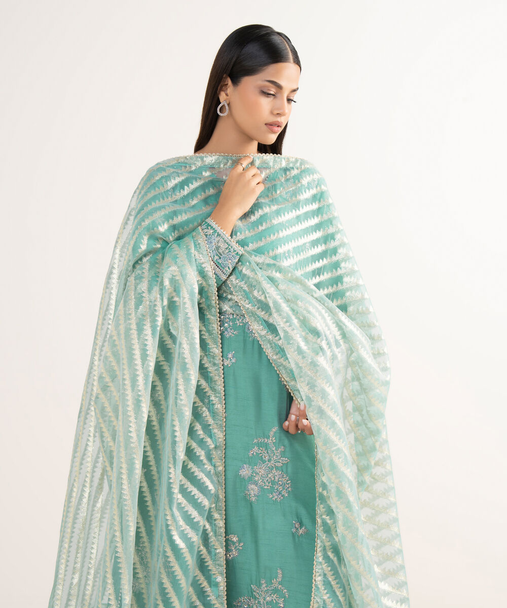 Women's RTW Raw Silk Green Embroidered 3 Piece Suit