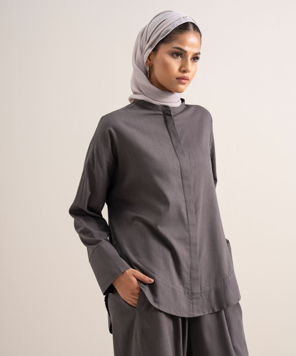 Women's Grey Relaxed Fit Button Down