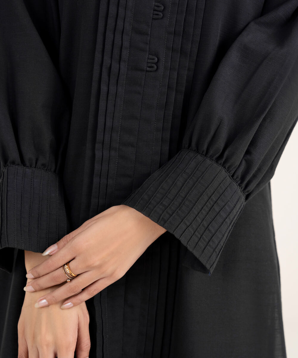 Women's RTW Khaddar Solid Straight Black Shirt