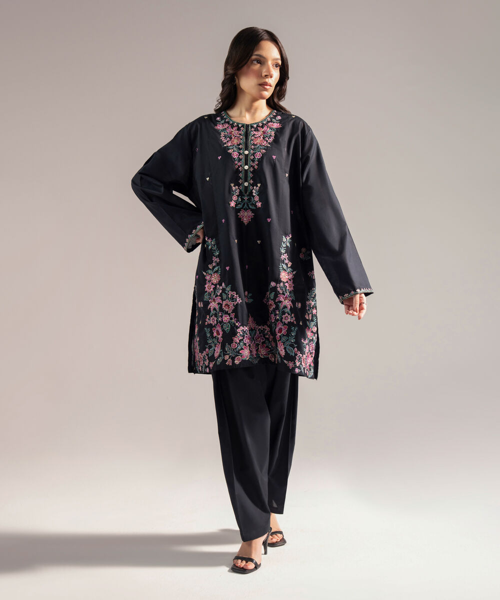 Women's RTW Slub Lawn Embroidered Straight Black Shirt