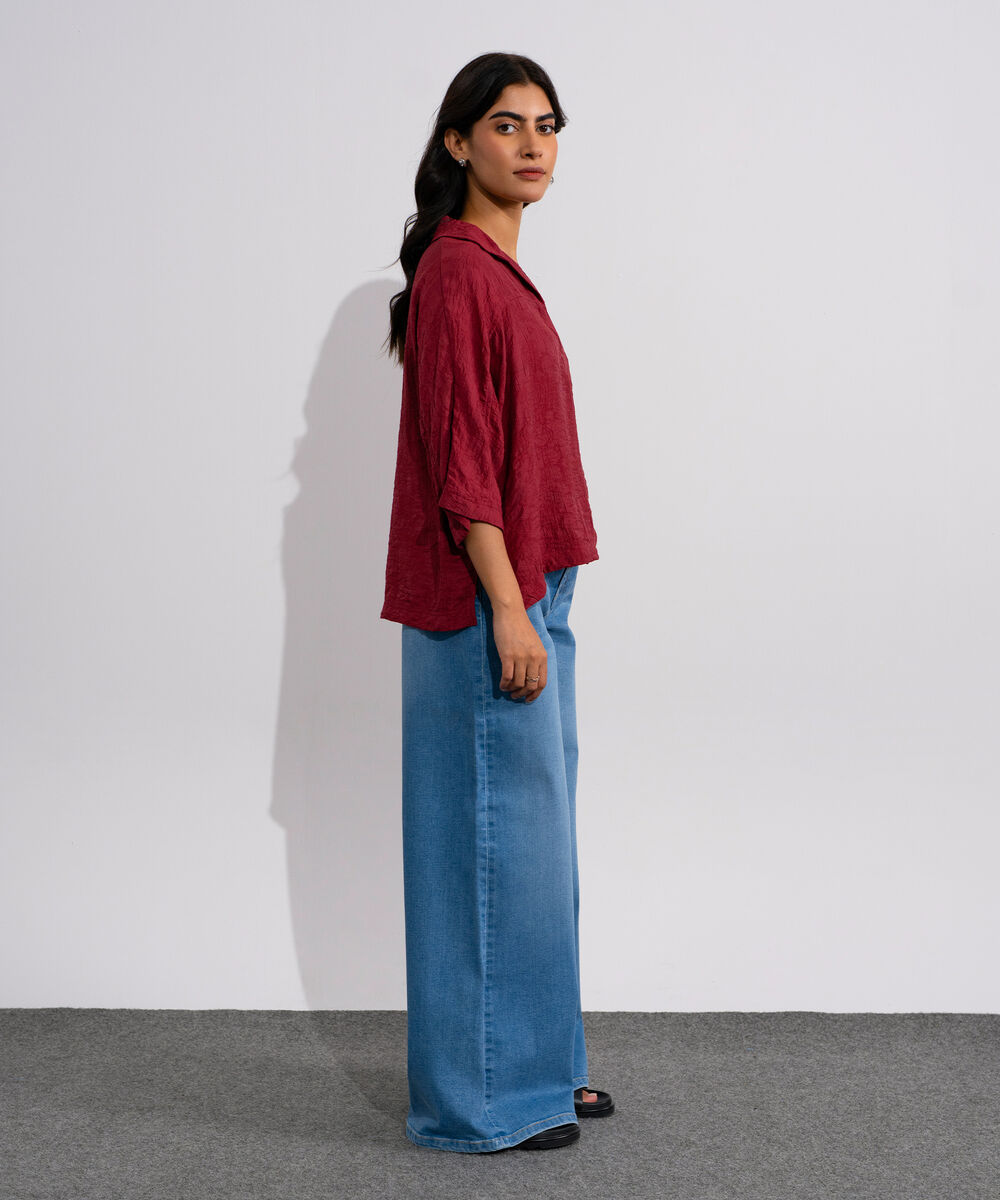 Women's Red Loose Fit Top With Kimono Sleeves