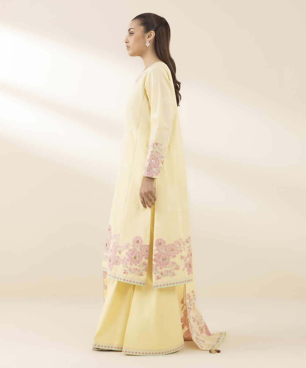 Unstitched Women's Yellow Jacquard 3 Piece Suit