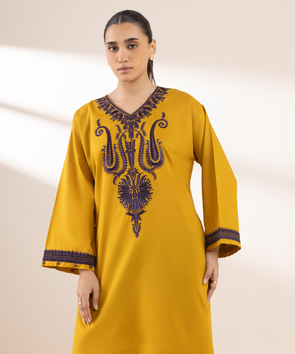 Women's RTW Textured Lawn Yellow Embroidered Boxy Shirt