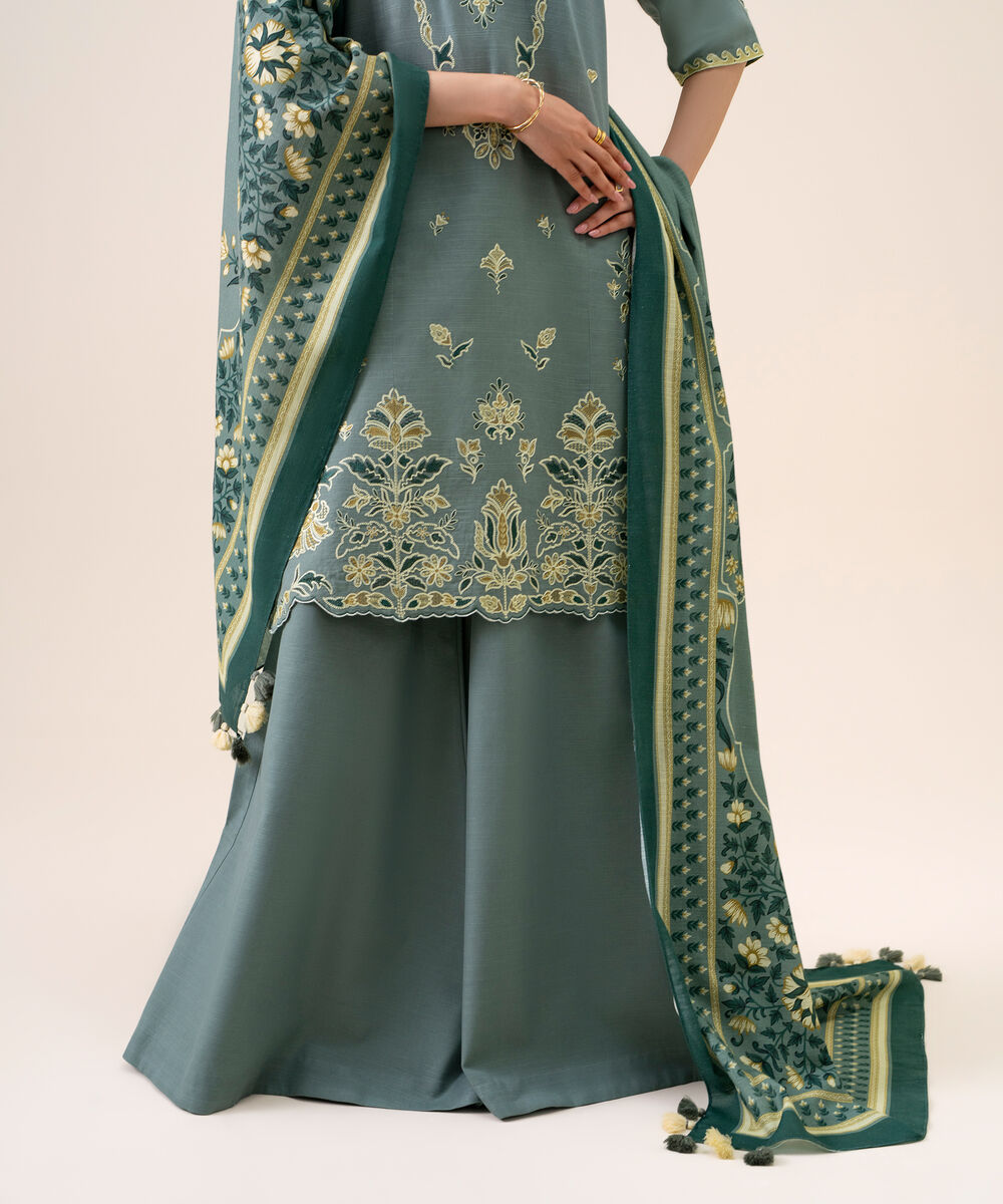 Women's Unstitched Light Khaddar Embroidered Moss Green 3 Piece Suit