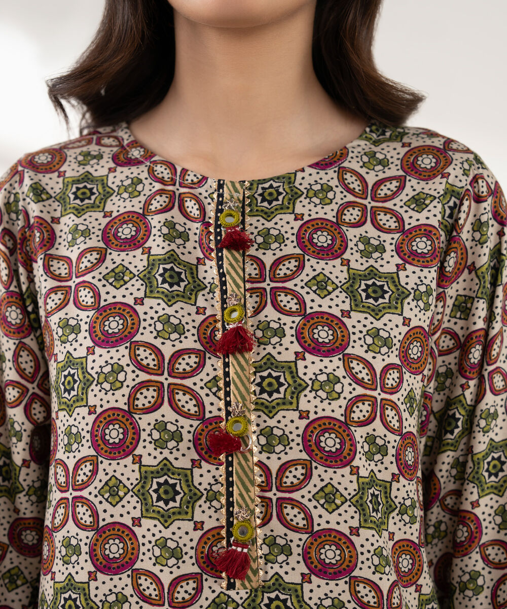 Women's RTW Viscose Linen Printed Straight Beige Shirt