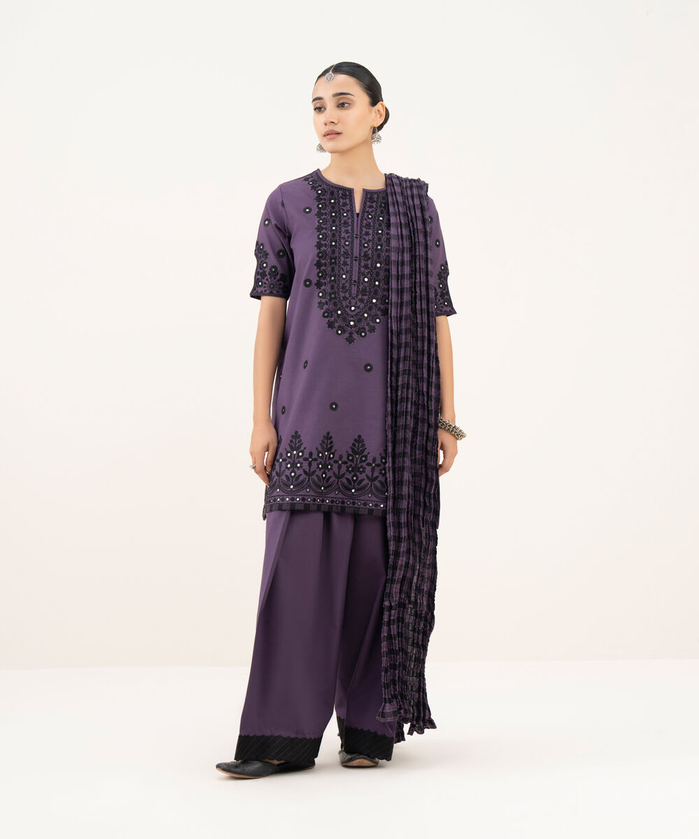 Women's Unstitched Lawn Embroidered Purple 3 Piece Suit