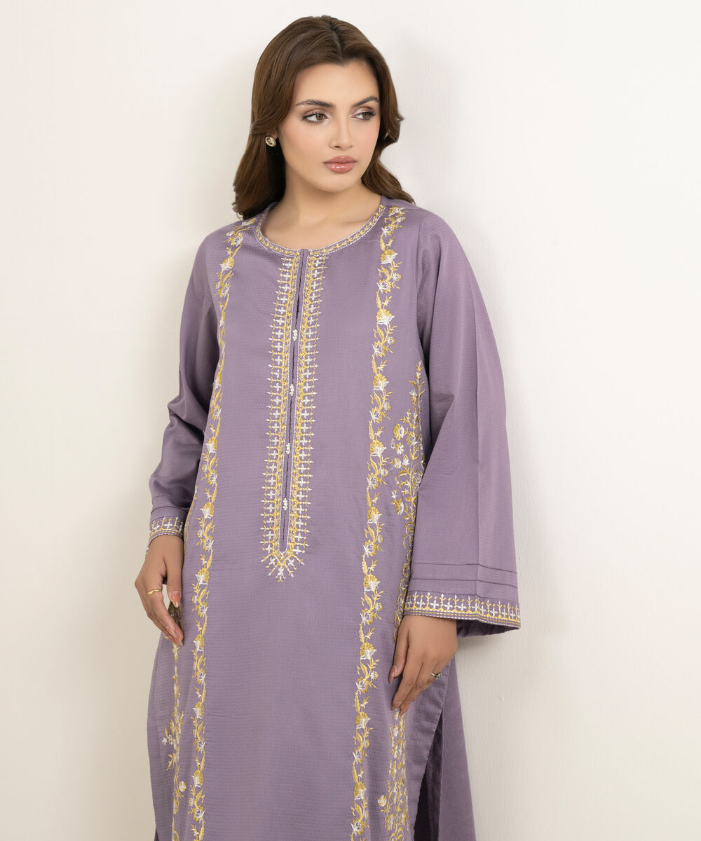 Women's RTW Dobby Embroidered Lilac A-Line Shirt