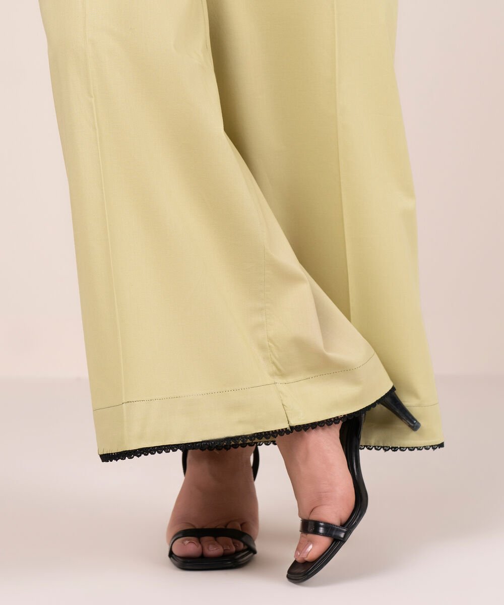 Women's RTW Cambric Solid Green Flared Pants