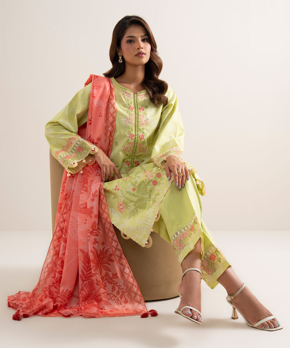Women's Unstitched Lawn Embroidered Yellow  3 Piece Suit