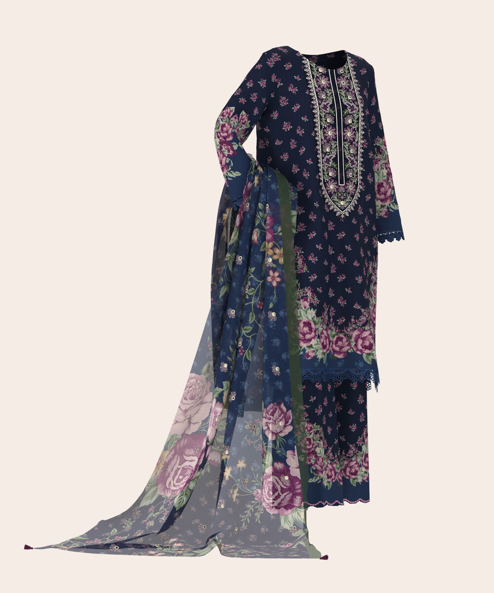 Women's Unstitched Lawn Blue  Embroidered 3 Piece Suit