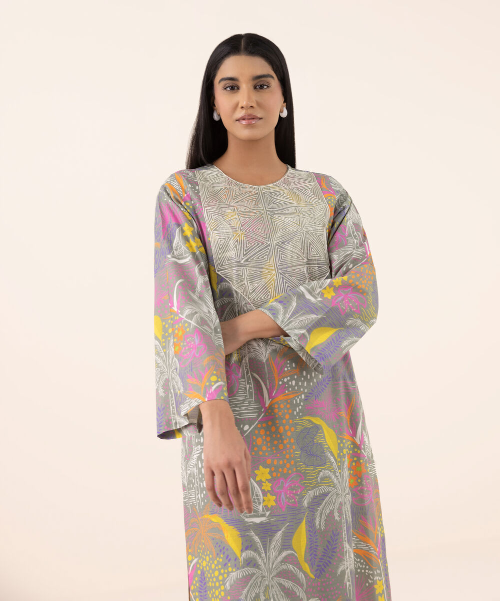 Women's RTW Texured Lawn Grey Printed Aline Shirt