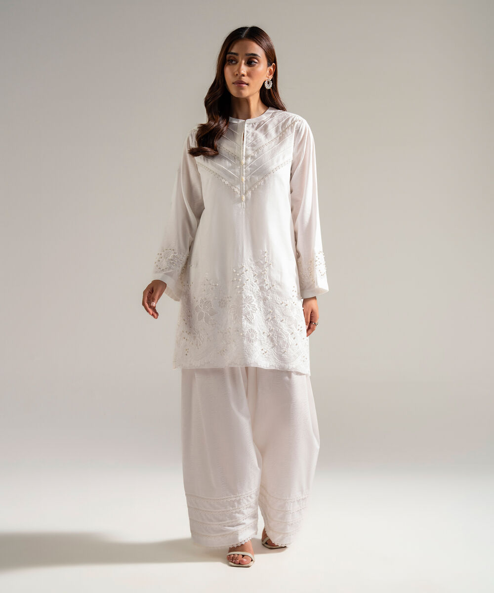 Women's RTW Self Jacquard Embroidered White 2 Piece Suit