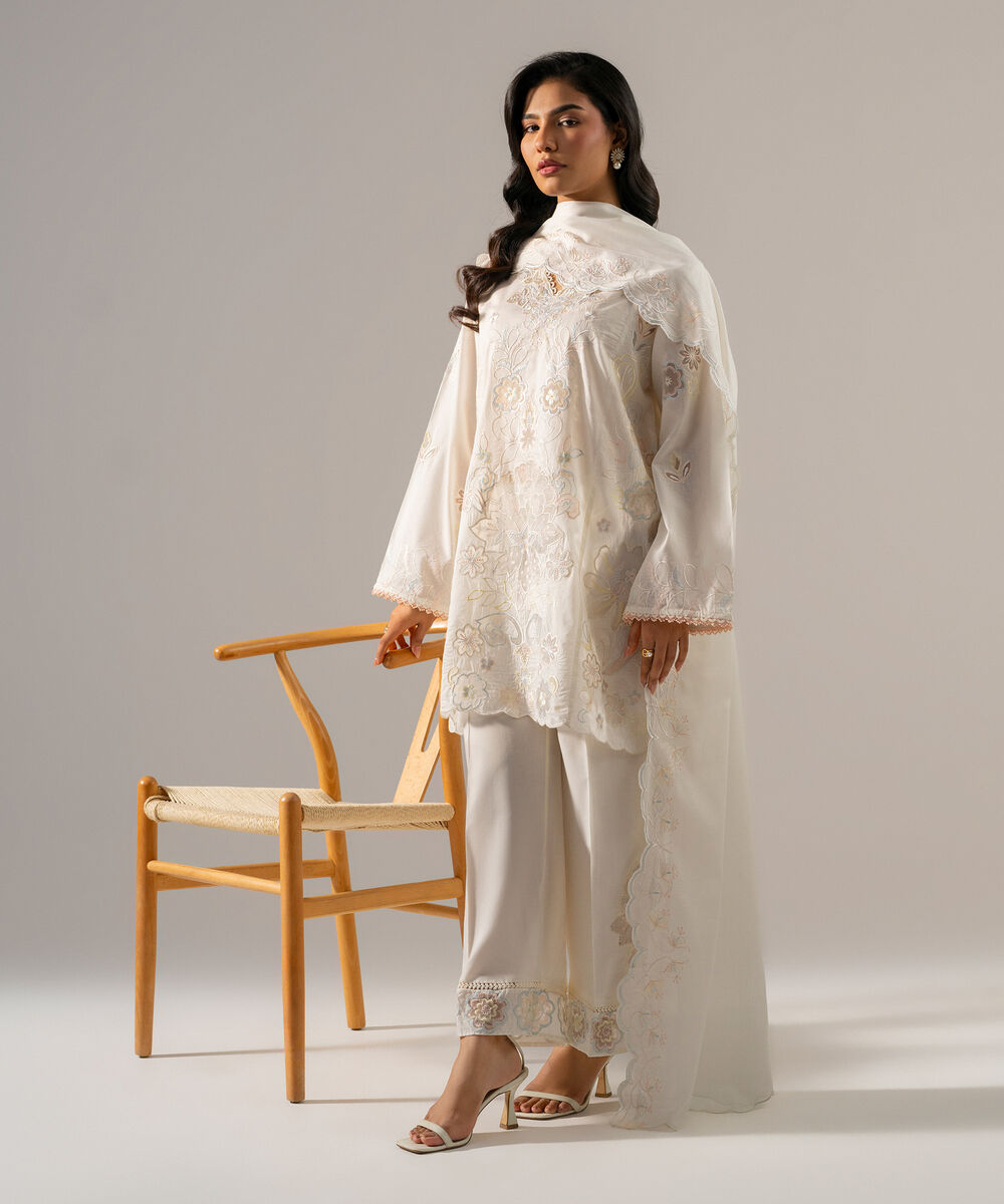 Women's RTW Lawn Solid Embroidered Off White 3 Piece Suit