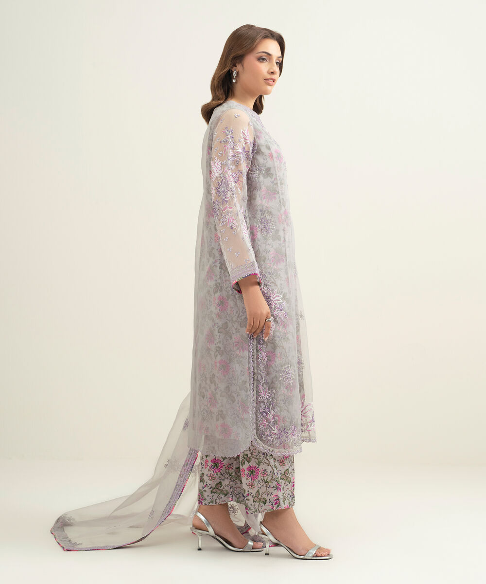 Women's RTW Blended Organza Embroidered Lilac 3 Piece Suit