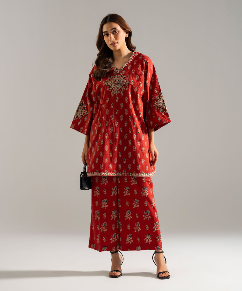 Women's RTW Seersucker Embroidered Red 2 Piece Suit