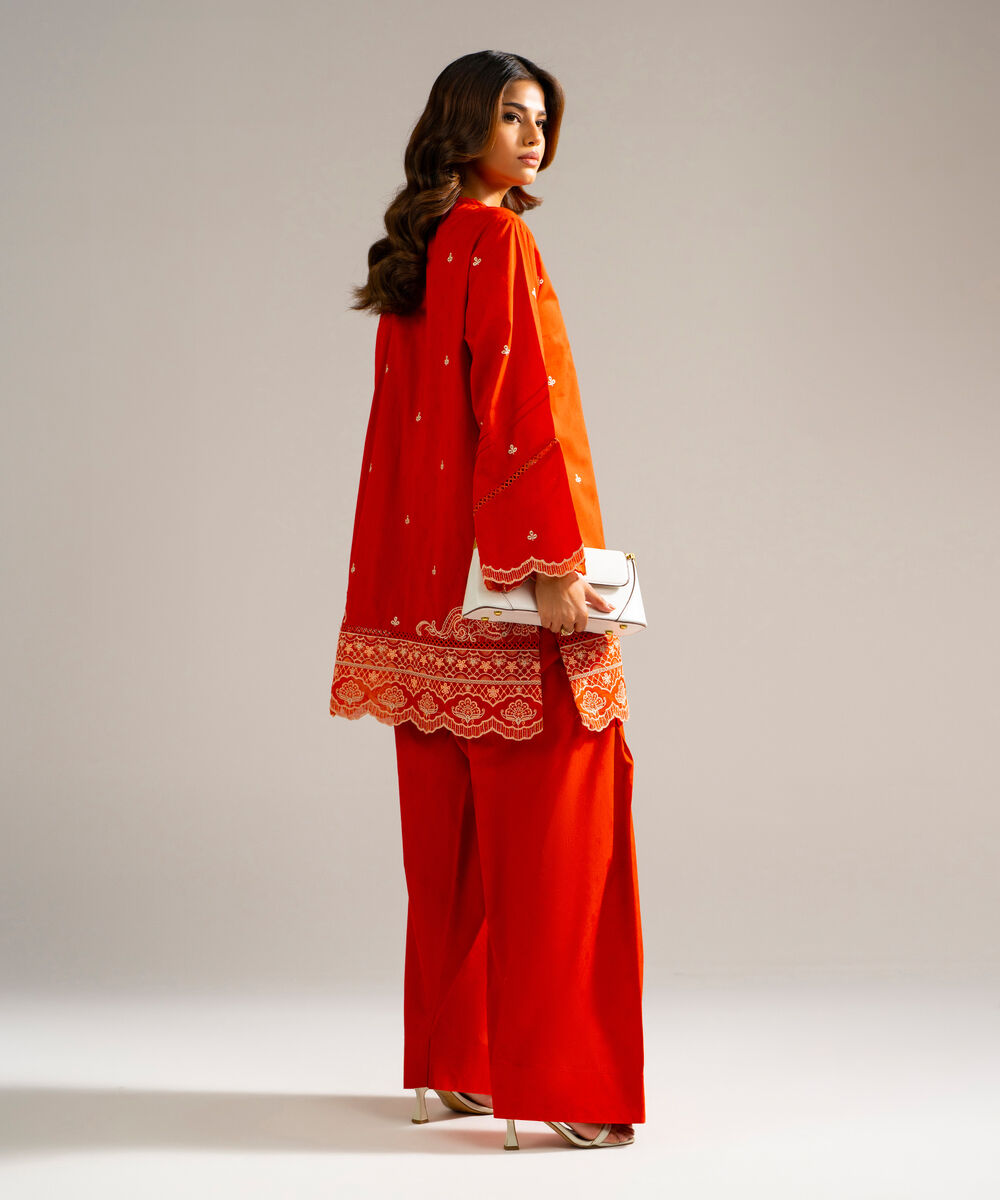 Women's RTW Self Jacquard Embroidered Rust 2 Piece Suit