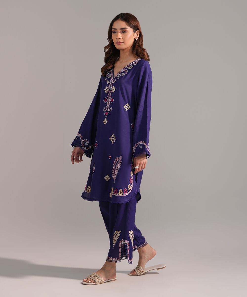 Women's RTW Viscose Raw Silk Embroidered Blue 2 Piece Suit