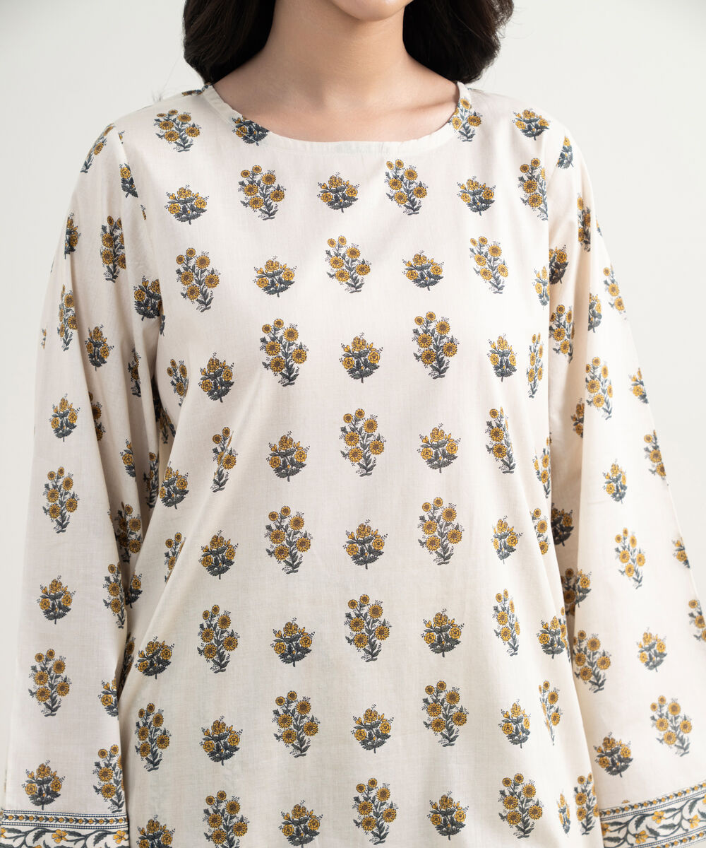 Women's RTW Lawn Printed Cream White Straight Shirt