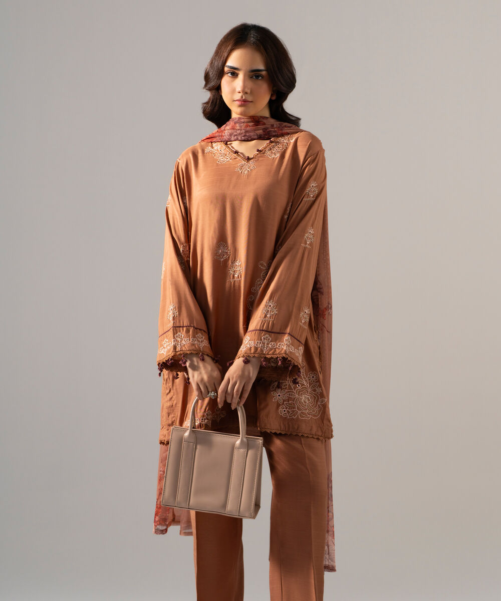 Women's RTW PK Raw Silk Solid Embroidered Brown 3 Piece Suit