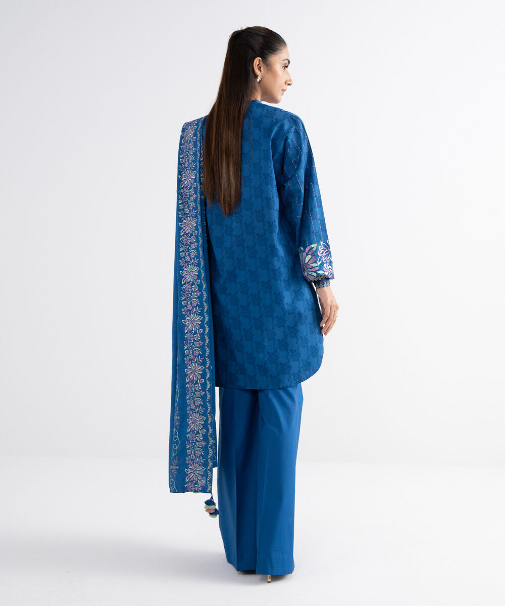 Women's Unstitched Embroidered Cotton Jacquard Blue 3 Piece Suit