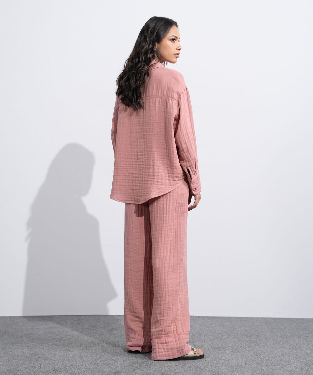 Women's Western Tea-Pink Loose-Fit Cotton Muslin Shirt