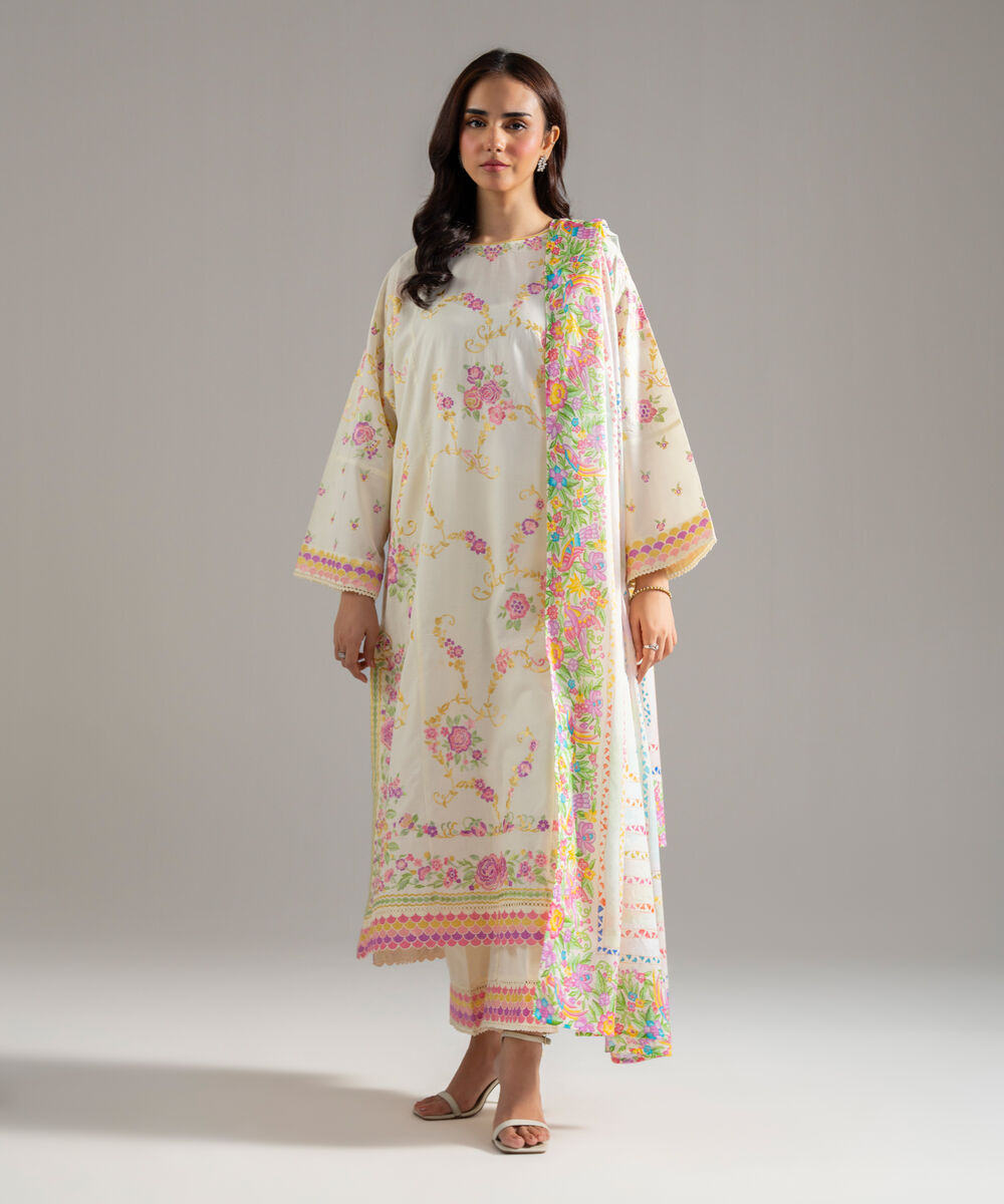 Women's RTW Cambric Solid Embroidered Off White 3 Piece Suit