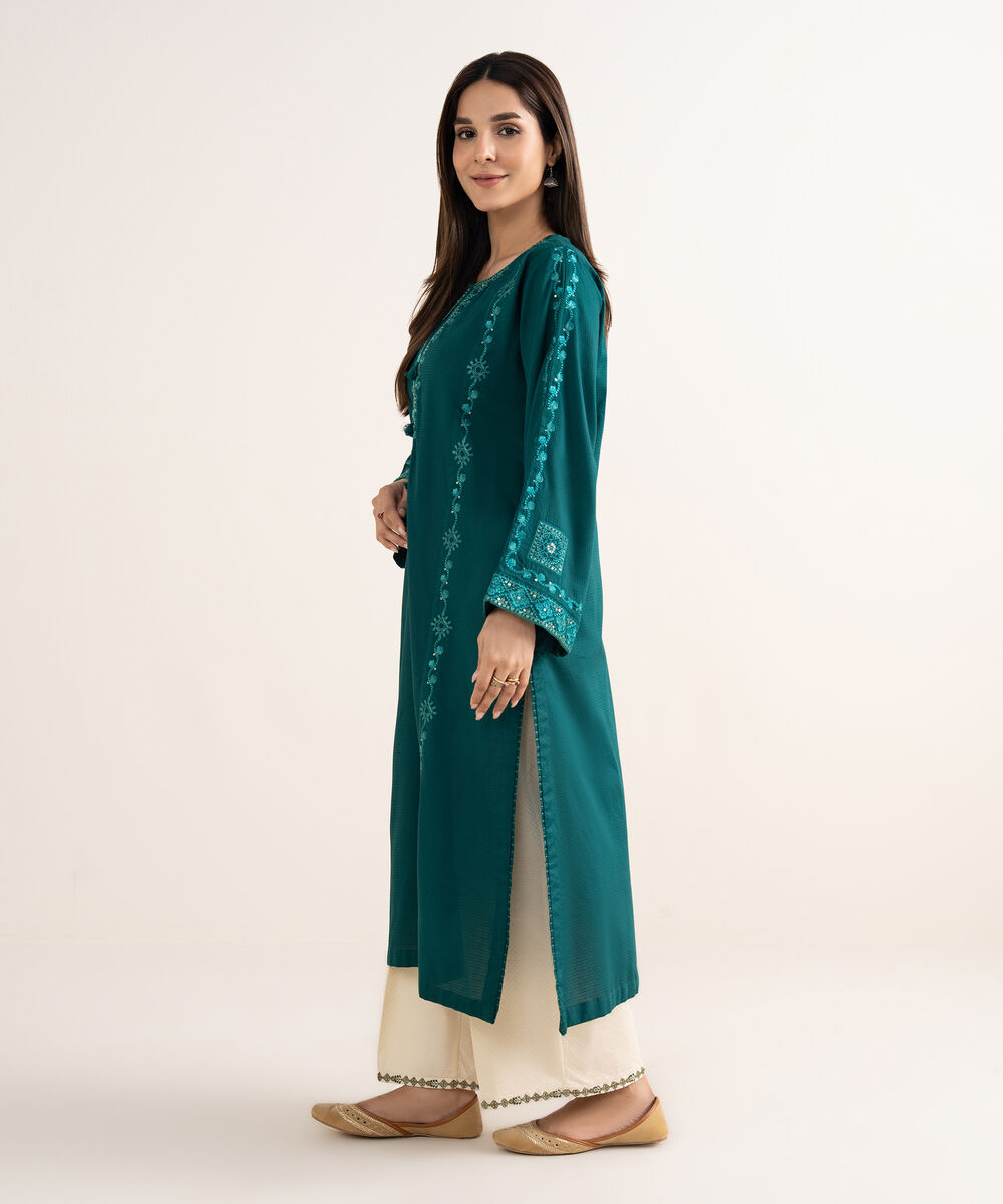 Women's RTW Textured Cotton Green Embroidered A-Line Shirt