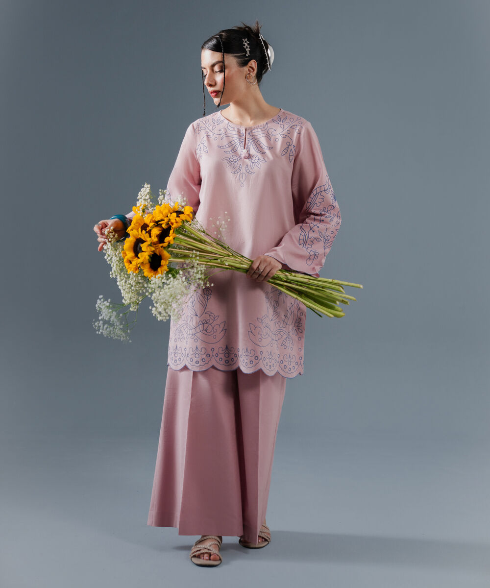 Women's RTW Slub Lawn Printed Pink 2 Piece Suit
