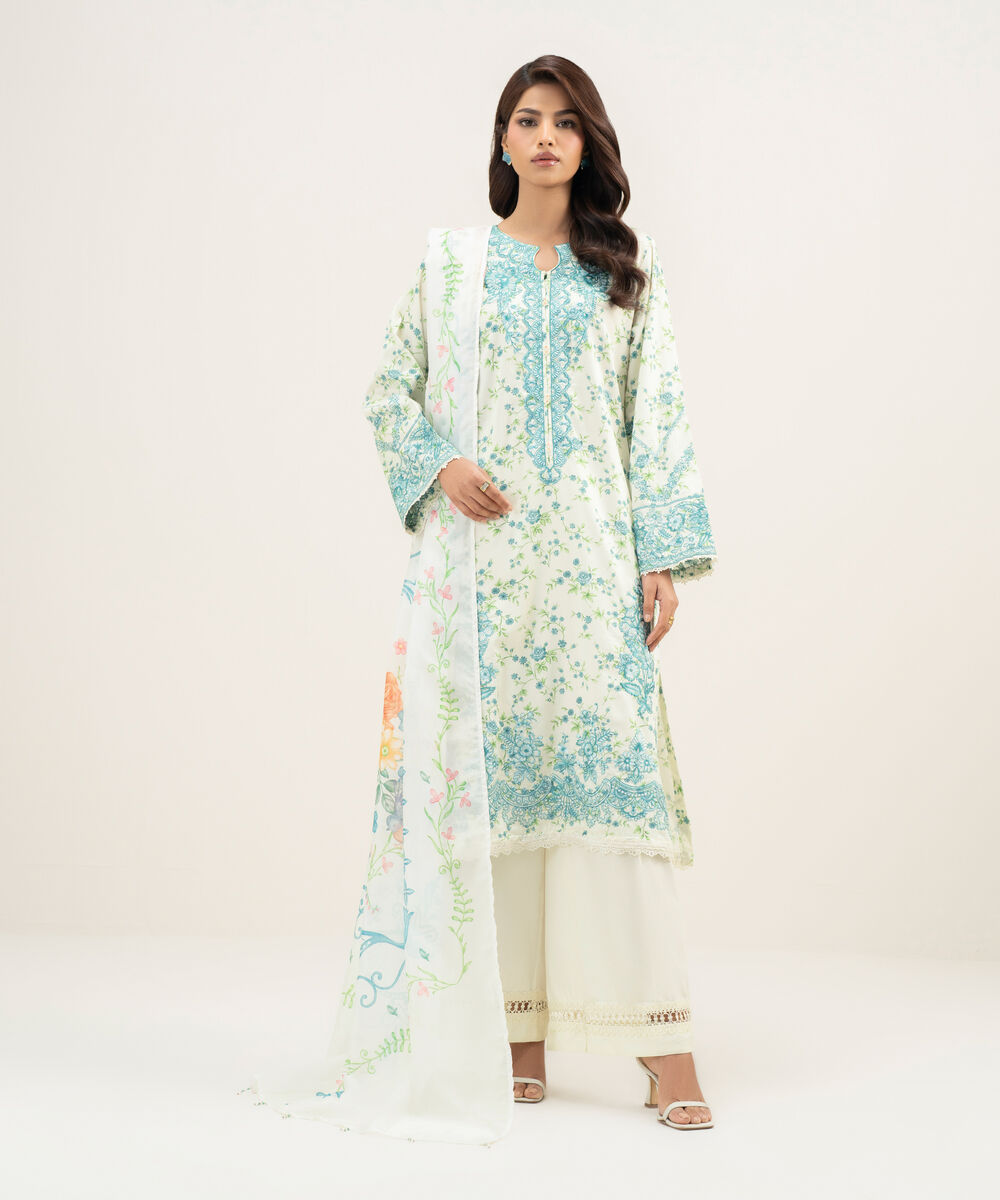 Women's RTW Lawn Embroidered Off White 3 Piece Suit