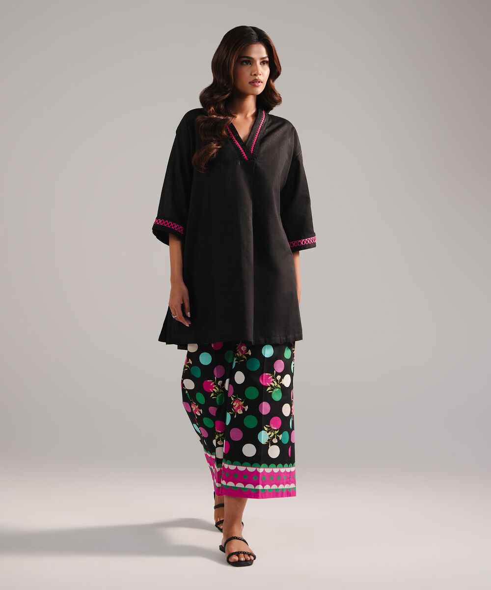 Women's RTW Dobby Embroidered Black 2 Piece Suit