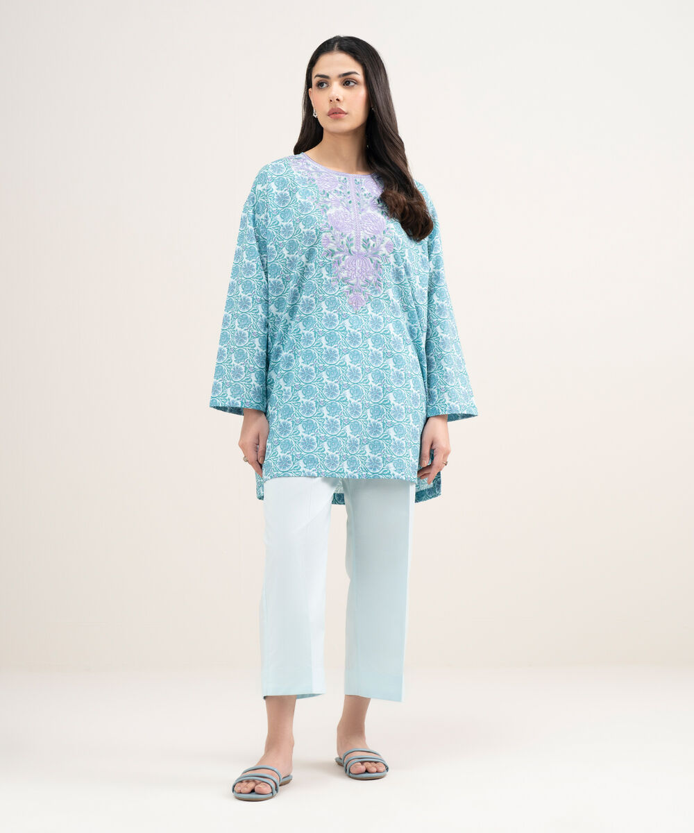 Women's RTW Slub Lawn Embroidered Blue Drop Shoulder Shirt