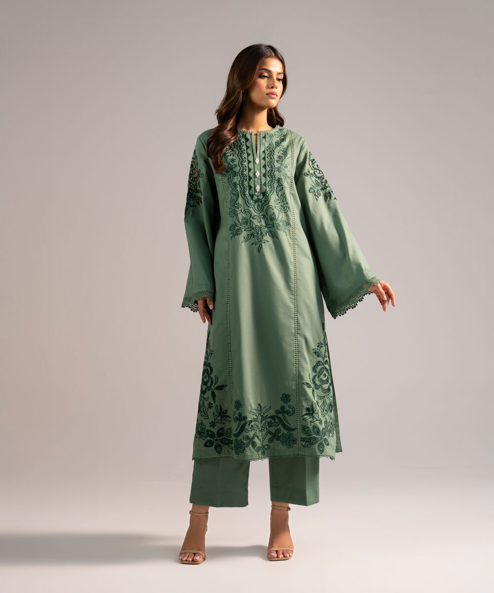 Women's RTW Dobby Embroidered Green 2 Piece Suit