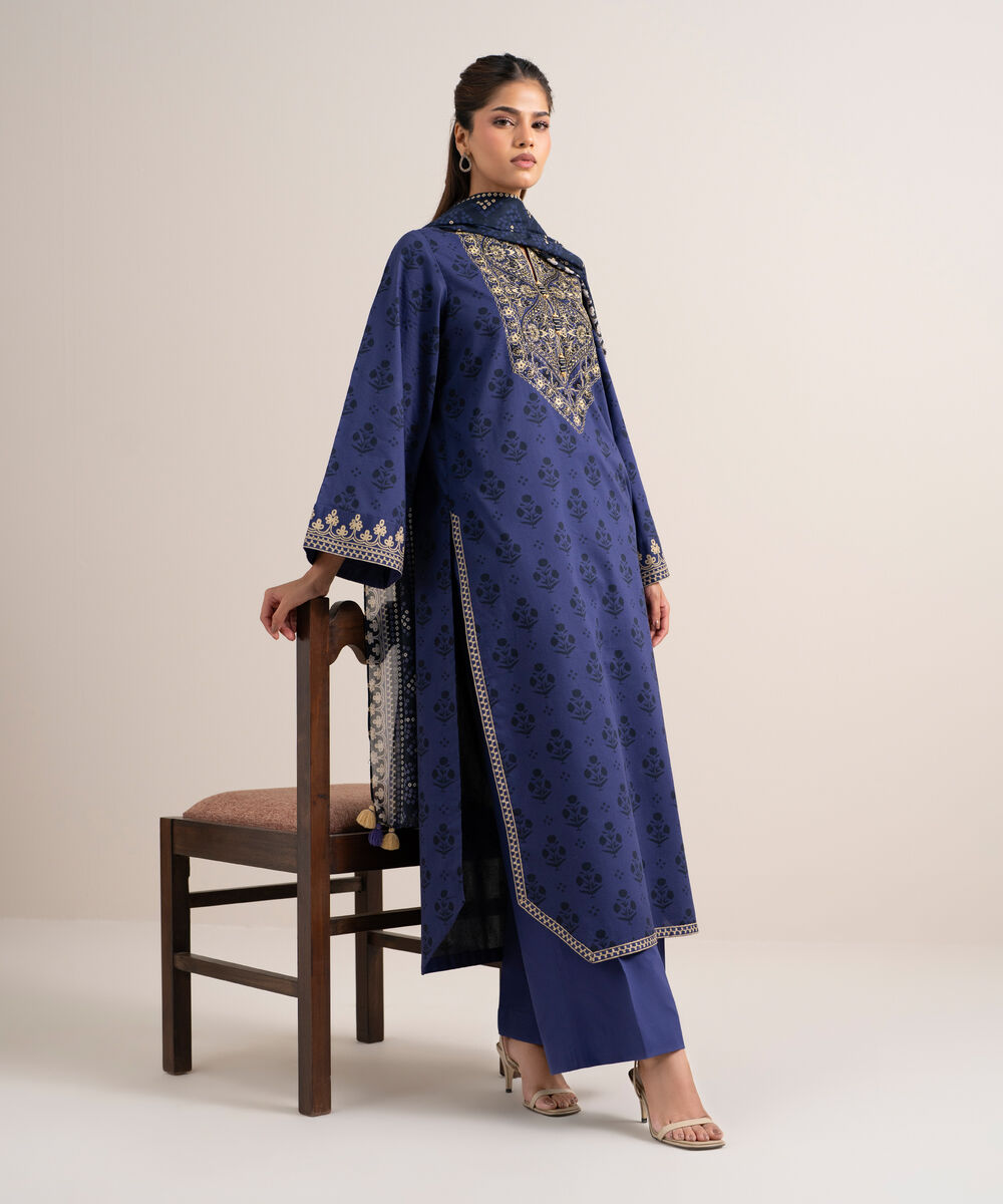 Women's Unstitched Lawn Embroidered Blue 3 Piece Suit