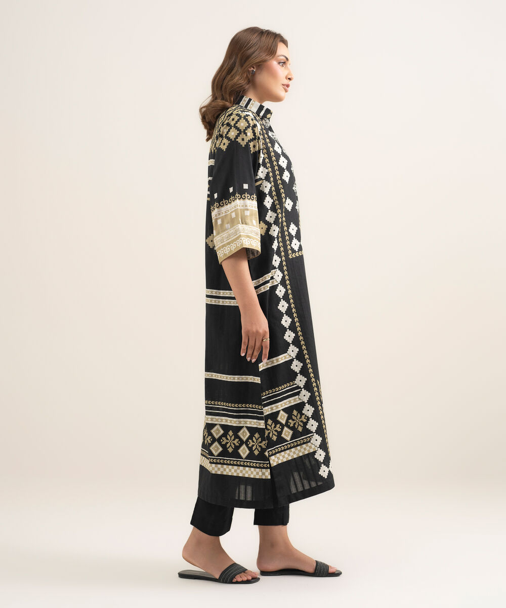 Women's RTW Textured Cotton Printed Black A-Line Shirt