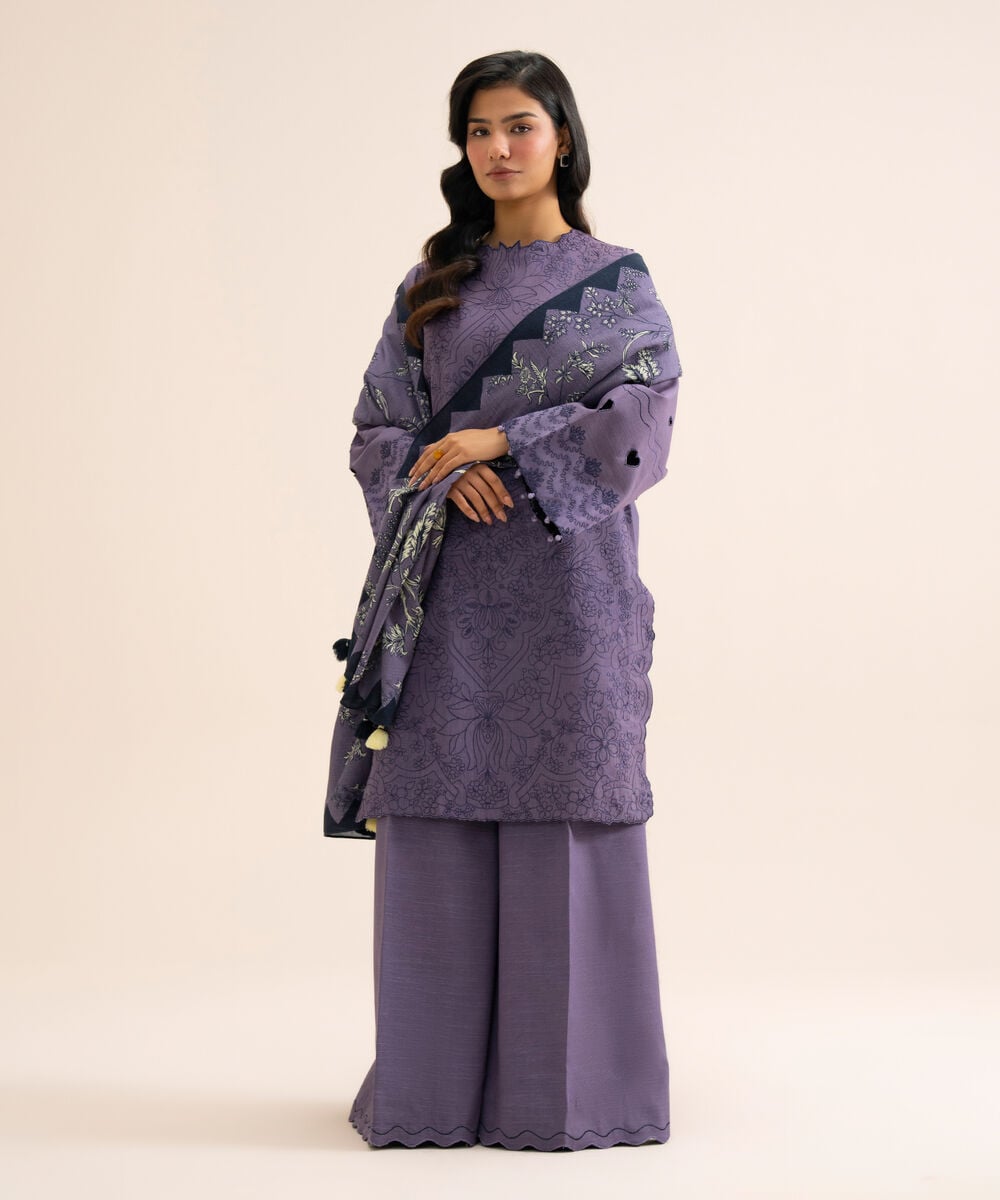 Women's Unstitched Light Khaddar Embroidered Purple 3 Piece Suit
