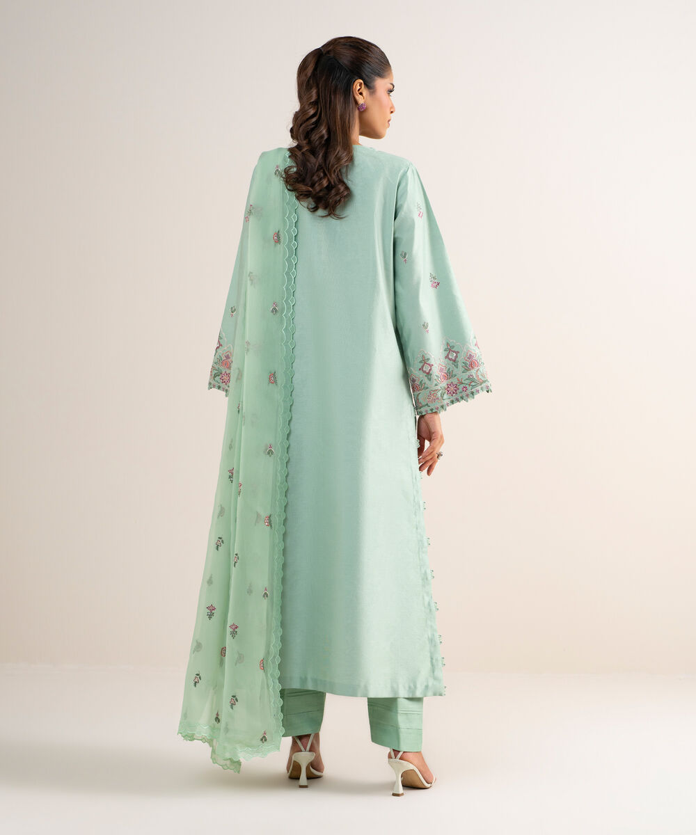 Women's Unstitched Cotton Net Embroidered Green 3 Piece Suit