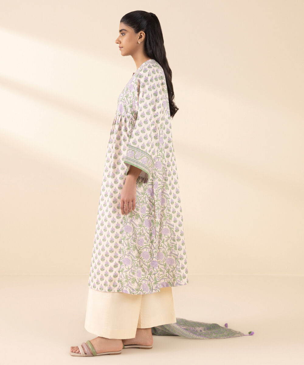 Unstitched Women's Off White Lawn Printed Shirt Dupatta