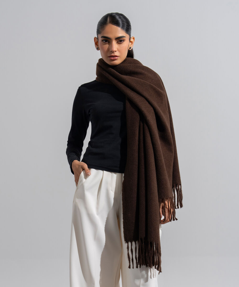 Women's Western Wear Chocolate Brown Polyester Plain Woolen Scarf